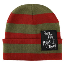 Load image into Gallery viewer, Nightmare On Elm Street Ready Or Not Here I Come Woven Label Striped Cuffed Beanie