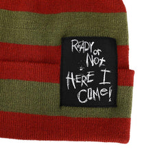 Load image into Gallery viewer, Nightmare On Elm Street Ready Or Not Here I Come Woven Label Striped Cuffed Beanie