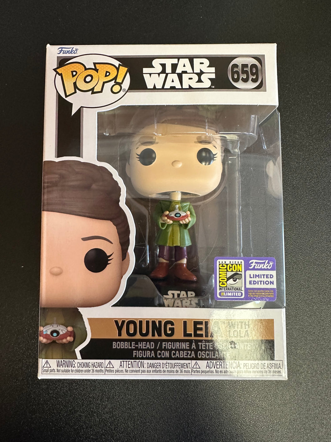FUNKO POP STAR WARS YOUNG LEIA WITH LOLA SDCC 2023 EXCLUSIVE 659 BOX DAMAGE