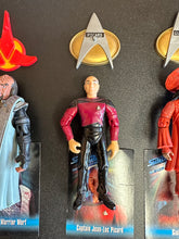 Load image into Gallery viewer, Playmates 1993 Star Trek 4.5” Figure Lot of 3 with Cards &amp; Stands Preowned
