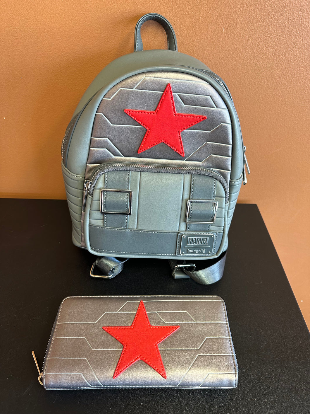 MARVEL WINTER SOLIDER LOUNGEFLY MINI BACKPACK & WALLET PREOWNED