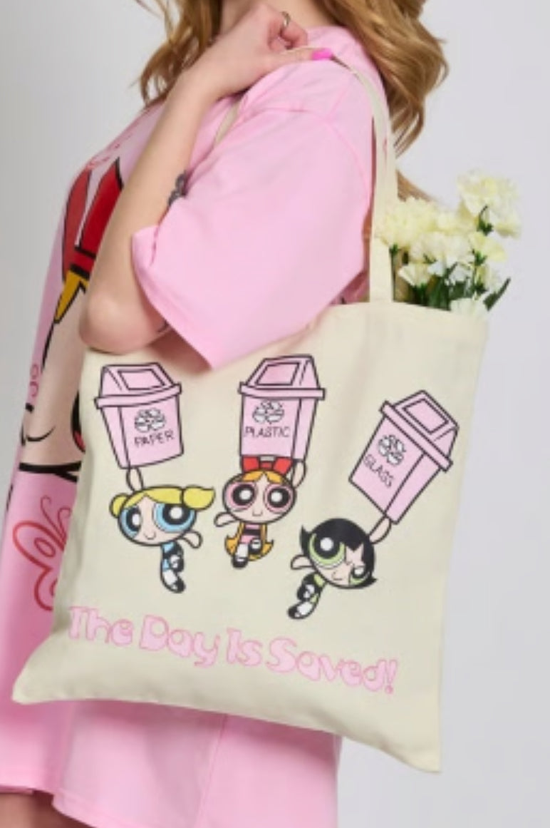 CAKEWORTHY THE POWERPUFF GIRLS THE DAY IS SAVED CANVAS RECYCLE TOTE BAG